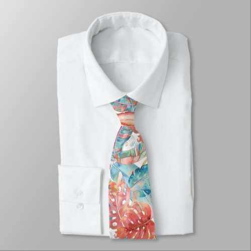 PixDezines Hawaiian Jungle Teal Rust Orange Neck Tie