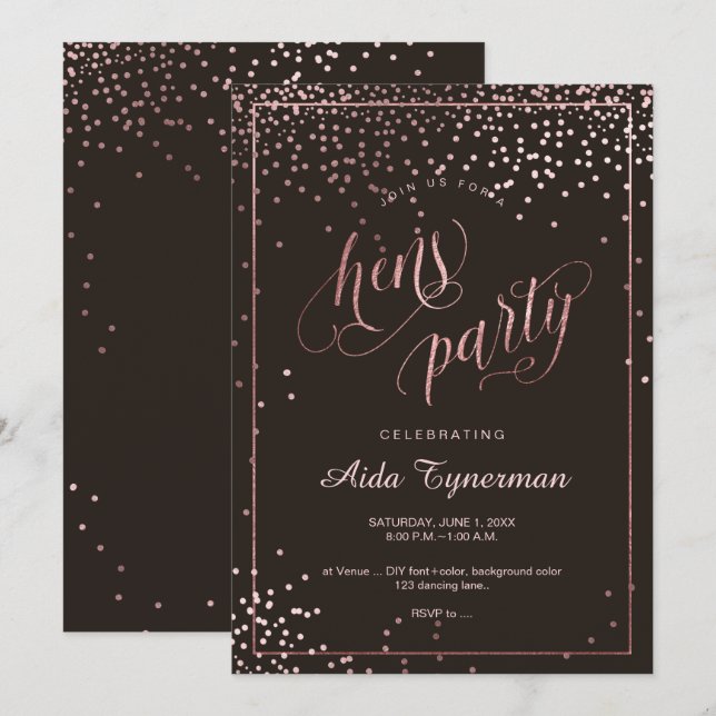 PixDezines Hens Party Faux Rose Gold Confetti Invitation (Front/Back)