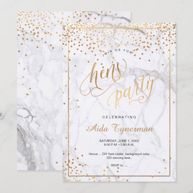 PixDezines Hens Party Marble Faux Gold Confetti Invitation (Front/Back)