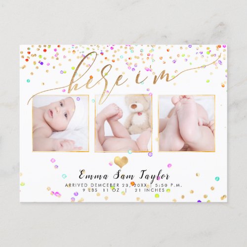 PixDezines Here Im Birth AnnouncementConfetti Announcement Postcard