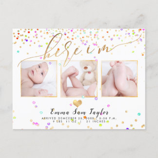 PixDezines Here I'm Birth Announcement/Confetti Announcement Postcard