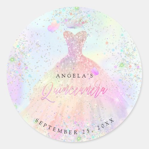 PixDezines Holographic Quinceanera Gown Glitter Classic Round Sticker