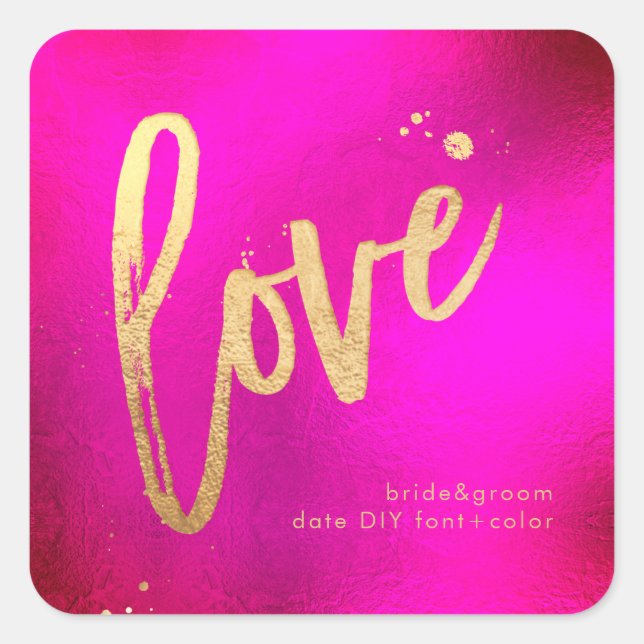 PixDezines hot+flashy pink faux gold love Square Sticker (Front)