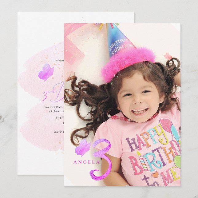 PixDezines Hot Pink Butterflies Watercolor Invitation (Front/Back)