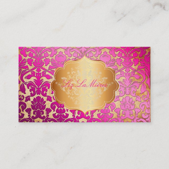 PixDezines hot pink flora damask/faux parchment Business Card (Front)