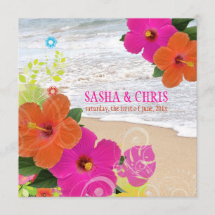 PixDezines hot pink+orange hibiscus+monstera Invitation