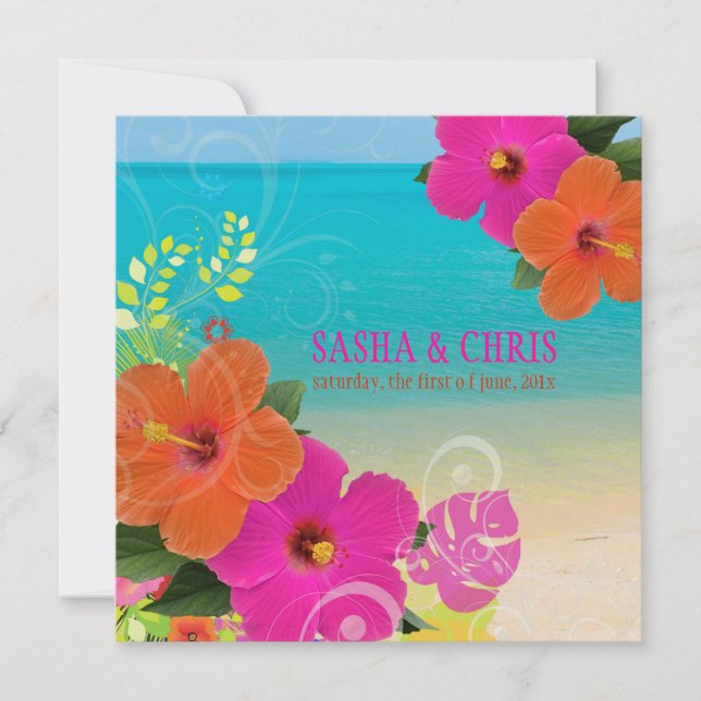 PixDezines hot pink+orange hibiscus+monstera Invitation (Front)