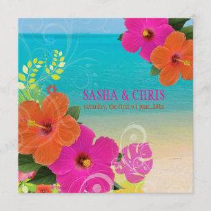 PixDezines hot pink+orange hibiscus+monstera Invitation