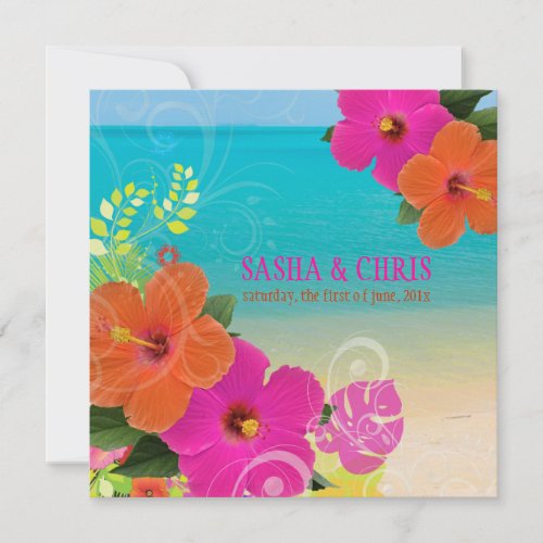 PixDezines hot pink+orange hibiscus+monstera Invites