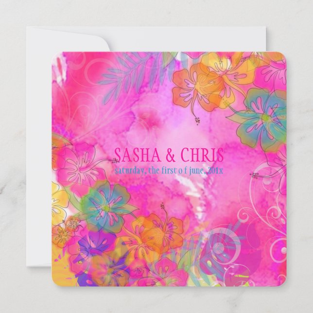 PixDezines hot pink+orange hibiscus+monstera Invitation (Front)