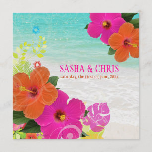 PixDezines hot pink+orange hibiscus+monstera Invitation