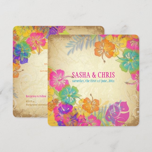PixDezines hot pink+orange hibiscus+monstera Invitation (Front/Back)