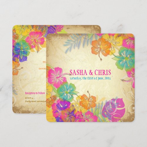 PixDezines hot pink+orange hibiscus+monstera Custom Invitations