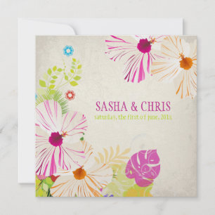 PixDezines hot pink+orange hibiscus+monstera Invitation