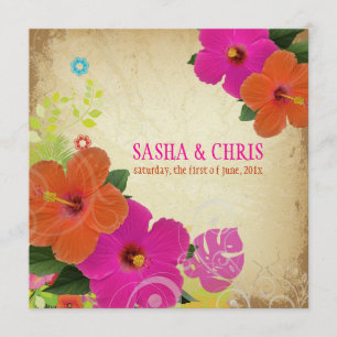 PixDezines hot pink+orange hibiscus+monstera Invitation