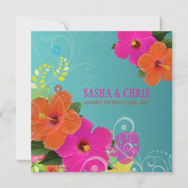 PixDezines hot pink+orange hibiscus+monstera Invitation (Front)