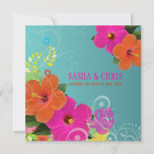 PixDezines hot pink+orange hibiscus+monstera Invitation