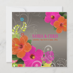 PixDezines hot pink+orange hibiscus+monstera Invitation