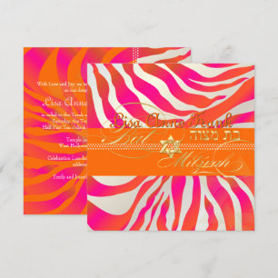 PixDezines Hot Pink+Orange Zebra, Bat Mitzvah Invitation