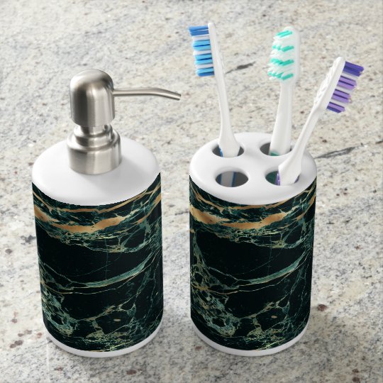PixDezines HUNTER GREEN MARBLE+GOLD VEINS Bathroom Set