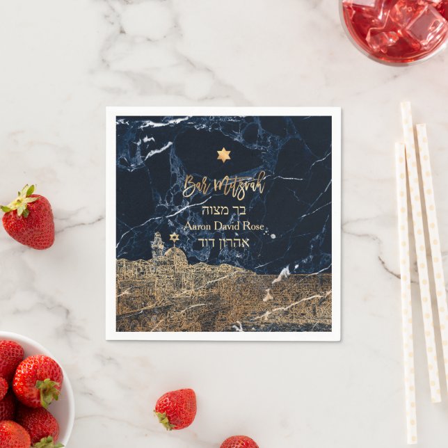 PixDezines Jerusalem Blue Marble Mitzvah Napkins (Insitu)