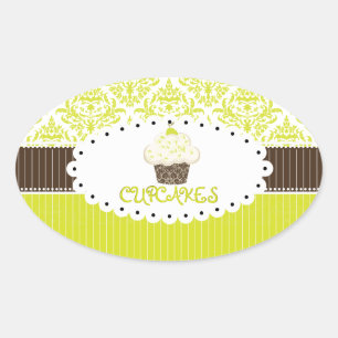 PixDezines key lime cupcake+damask/DIY color Oval Sticker