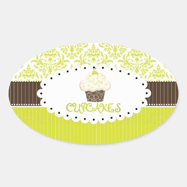 PixDezines key lime cupcake+damask/DIY color Oval Sticker (Front)