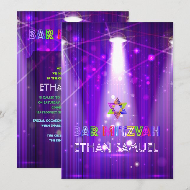 PixDezines laser /neon lights bar mitzvah Invitation (Front/Back)
