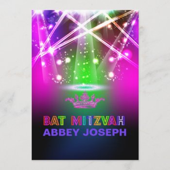 Pixdezines Laser / Neon Lights Bat Mitzvah Invitation by custom_mitzvah at Zazzle