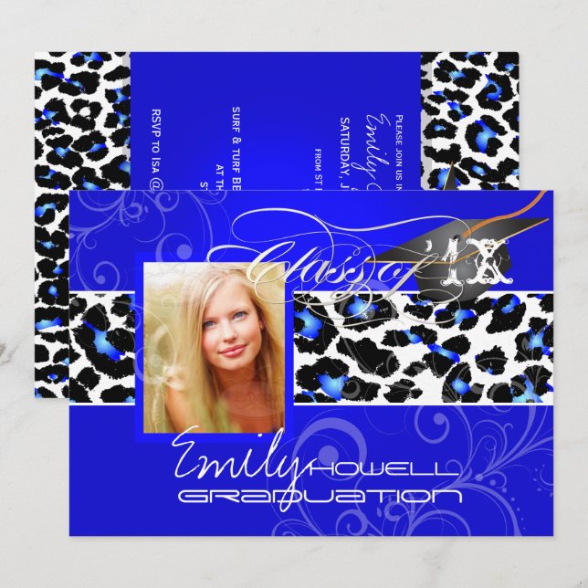 PixDezines Leopard Print Graduation, Electric Blue Invitation (Front/Back)
