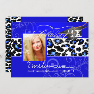 PixDezines Leopard Print Graduation, Electric Blue Invitation