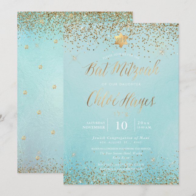 PixDezines Light Blue Gold Glitter Bat Mitzvah Invitation (Front/Back)
