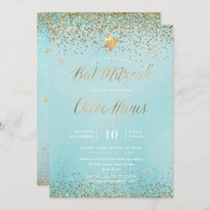 PixDezines Light Blue Gold Glitter Bat Mitzvah Invitation