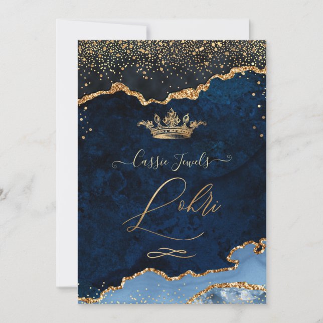 PixDezines Lohri Celebration Navy Blue Agate Gold Invitation (Front)
