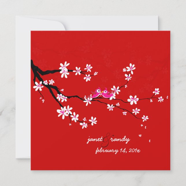 PixDezines Love birds/red cherry/sakura blossoms Invitation (Front)