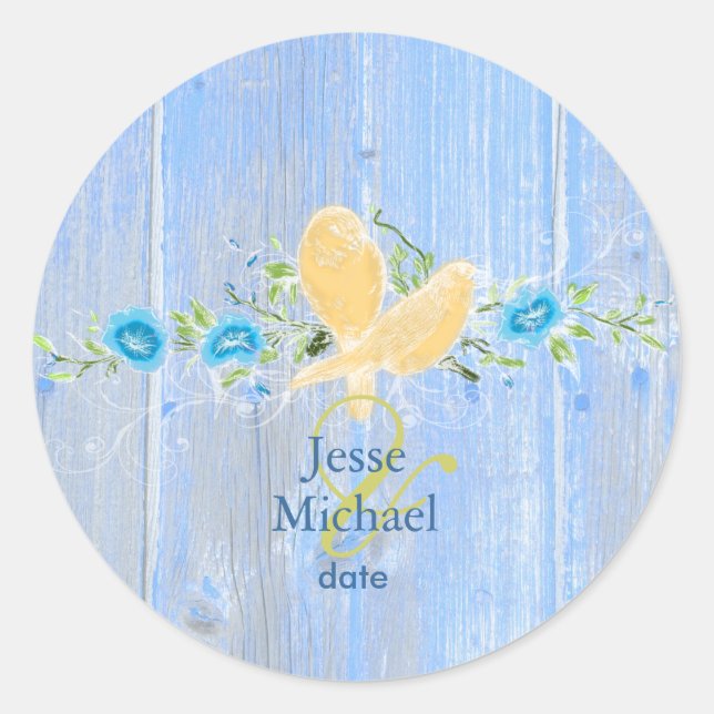 PixDezines love birds+rustic blue wood panels Classic Round Sticker (Front)
