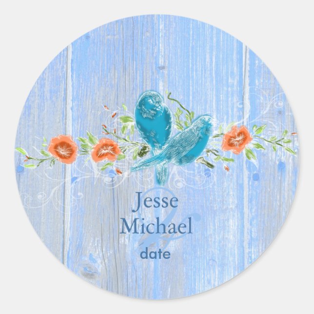 PixDezines love birds+rustic blue wood panels Classic Round Sticker (Front)