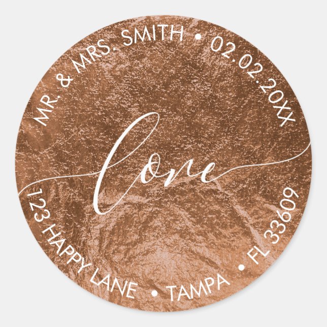 PixDezines LOVE FAUX FOIL, COPPER Classic Round Sticker (Front)