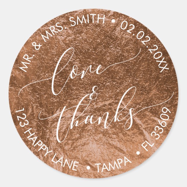 PixDezines LOVE+THANKS FAUX FOIL, COPPER Classic Round Sticker (Front)