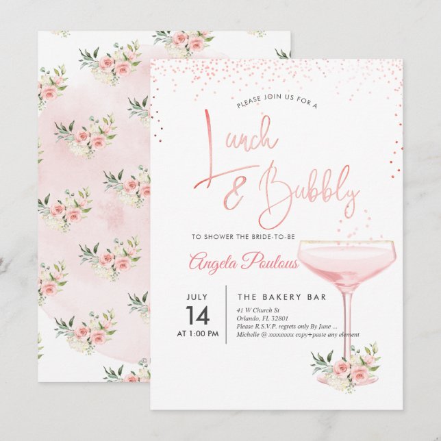 PixDezines Lunch Bubbly/Pink Champagne Glass Invitation (Front/Back)