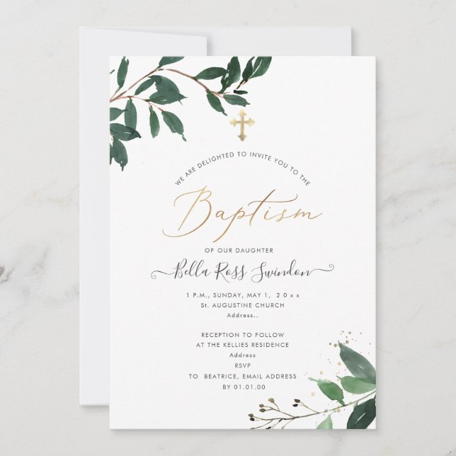 PixDezines Lush, Greenery Watercolor Baptism Invitation (Front)