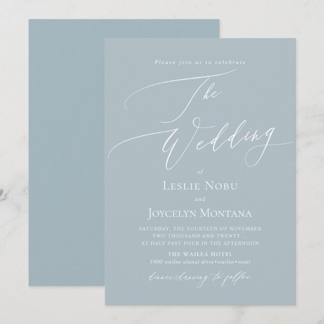 PixDezines Luxe Calligraphy Dusty Blue Wedding Invitation (Front/Back)