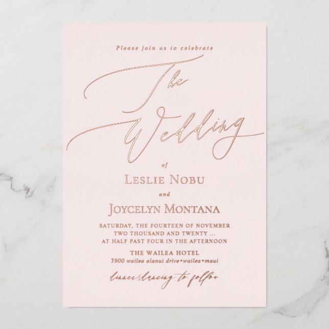 PixDezines Luxe Calligraphy Minimalist Rose Gold Foil Invitation (Front)