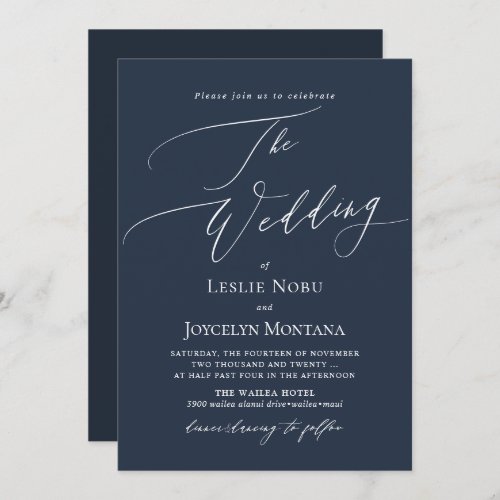 PixDezines Luxe Calligraphy Navy Blue Wedding Invitation