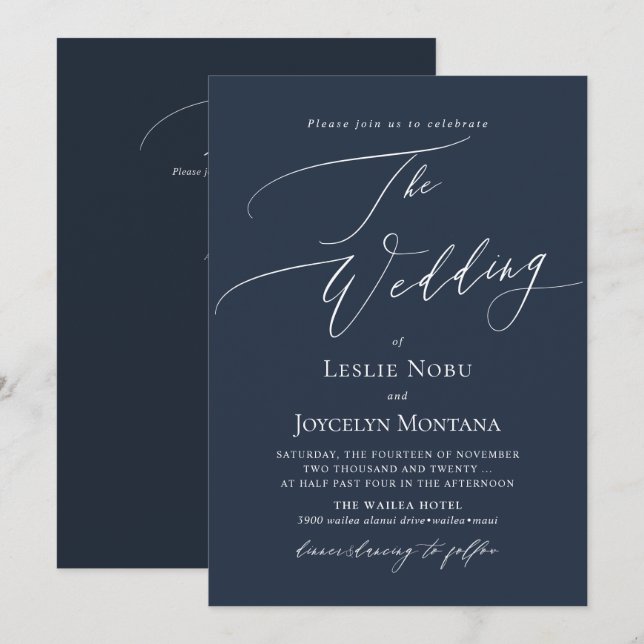 PixDezines Luxe Calligraphy Navy Blue Wedding Invitation (Front/Back)