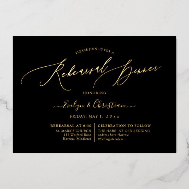 PixDezines Luxe Calligraphy Rehearsal Dinner Real Foil Invitation (Front)