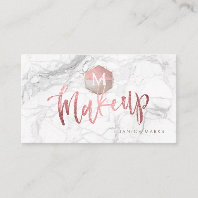 PIXDEZINES MAKE-UP ARTIST MARBLE | FAUX ROSE GOLD BUSINESS CARD (Front)