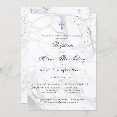 PixDezines Marble Blue Cross Baptism 1st Birthday Invitation