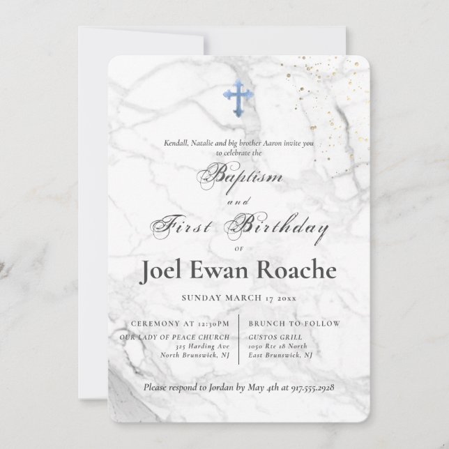 PixDezines Marble Blue Cross Baptism 1st Birthday Invitation (Front)