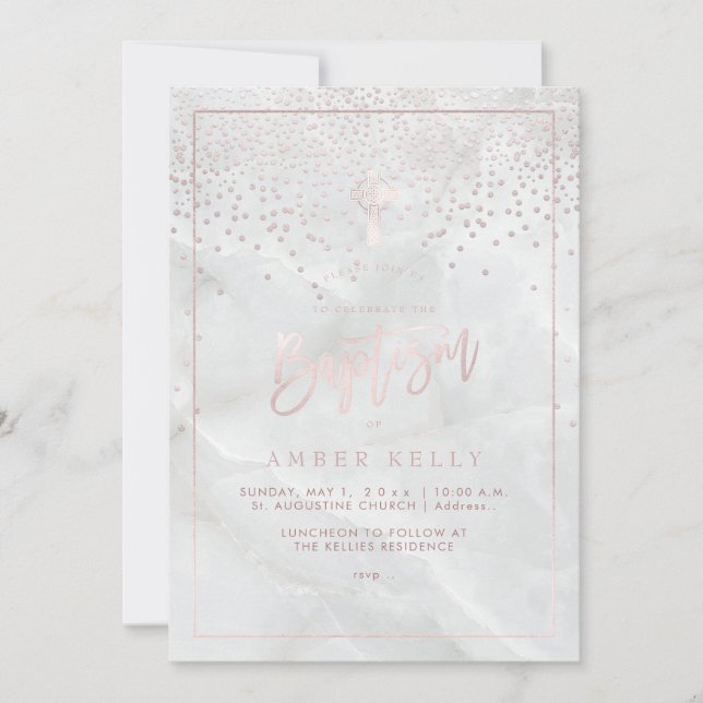PixDezines Marble+Blush Pink Confetti/Baptism Invitation (Front)